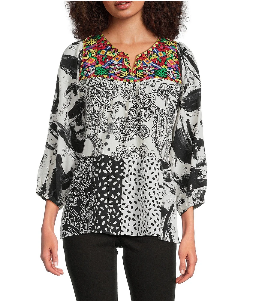 Calessa Embroidery Patchwork Split V-Neck 3/4 Sleeve Tunic