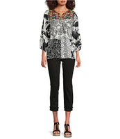 Calessa Embroidery Patchwork Split V-Neck 3/4 Sleeve Tunic