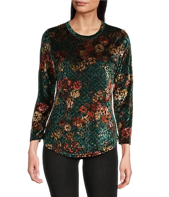 Calessa Floral Burnout Velvet Crew Neck Long Sleeve Tunic