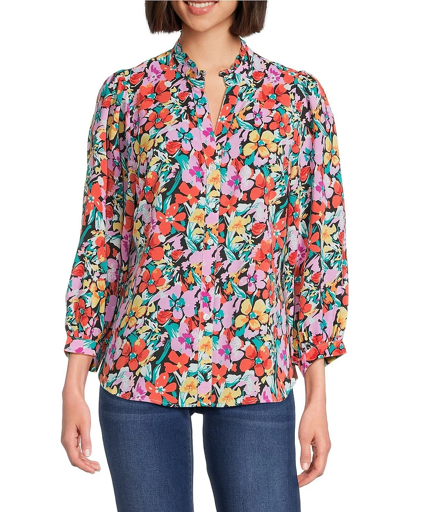Calessa Floral Split V-Neck 3/4 Sleeve Button-Front Tunic