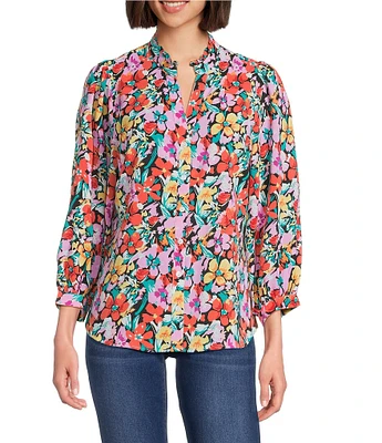 Calessa Floral Split V-Neck 3/4 Sleeve Button-Front Tunic