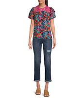 Calessa Garden Floral Round Neck Short Sleeve Lace Detail Top