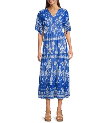 Calessa Henna Paisley Mesh V-Neck Short Sleeve Midi Dress