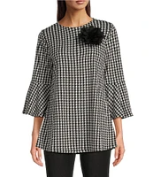 Calessa Houndstooth Print Crew Neck 3/4 Sleeve Rosette Detail Tunic