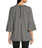 Calessa Houndstooth Print Crew Neck 3/4 Sleeve Rosette Detail Tunic