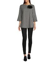 Calessa Houndstooth Print Crew Neck 3/4 Sleeve Rosette Detail Tunic