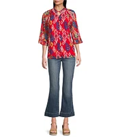 Calessa Ikat Mesh Knit Round Split Neck 3/4 Sleeve Button Front Tunic