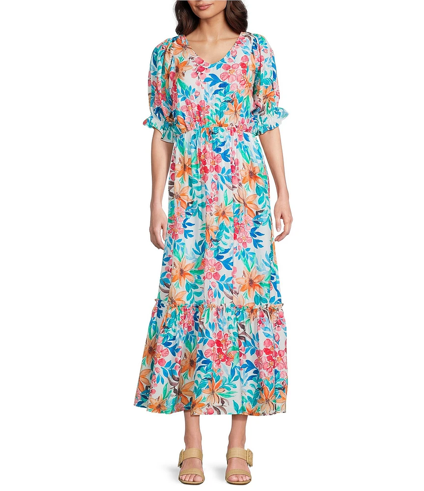 Calessa Italian Floral Print V-Neck Short Sleeve Tiered Pull-On Shift Midi Dress
