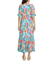 Calessa Italian Floral Print V-Neck Short Sleeve Tiered Pull-On Shift Midi Dress