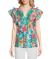 Calessa Italian Floral Split V-Neck Ruffle Cap Sleeve Top