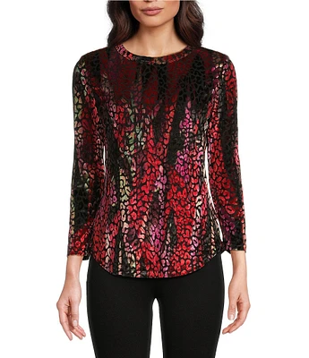 Calessa Knit Burnout Velvet Abstract Wave Print Crew Neck 3/4 Sleeve Tunic