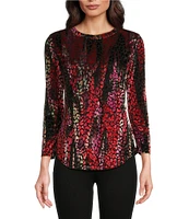 Calessa Knit Burnout Velvet Abstract Wave Print Crew Neck 3/4 Sleeve Tunic