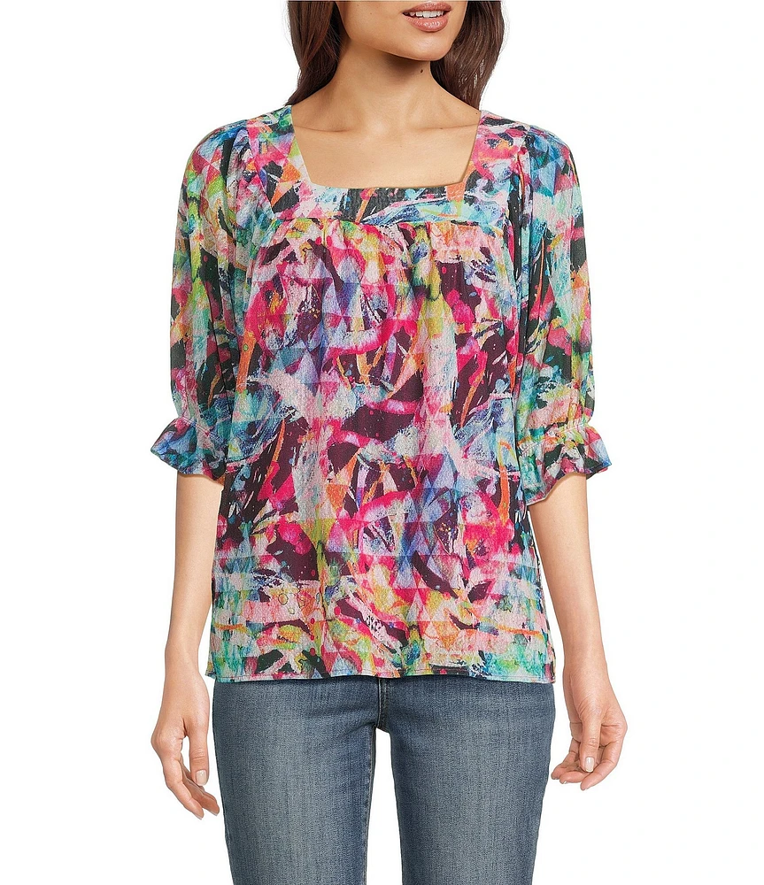 Calessa Mesh Knit Abstract Floral Square Neck Elbow Sleeve Tunic
