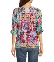 Calessa Mesh Knit Abstract Floral Square Neck Elbow Sleeve Tunic