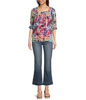 Calessa Mesh Knit Abstract Floral Square Neck Elbow Sleeve Tunic