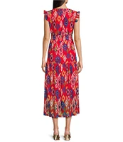 Calessa Mesh Knit Abstract Ikat Print V-Neck Cap Sleeve Midi Dress