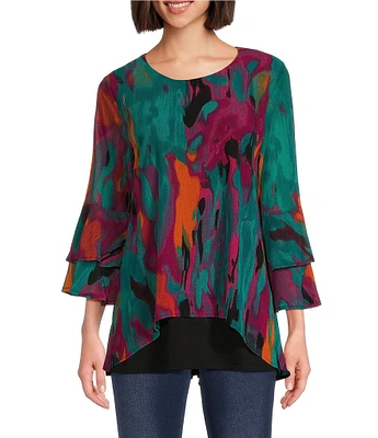 Calessa Mesh Knit Abstract Print Crew Neck Bracelet Length Sleeve Double Layered Hem Tunic