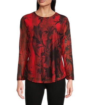 Calessa Mesh Knit Abstract Print Crew Neck Long Sleeve Top