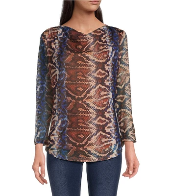 Calessa Mesh Knit Abstract Snake Print Drape Neck Long Sleeve Top