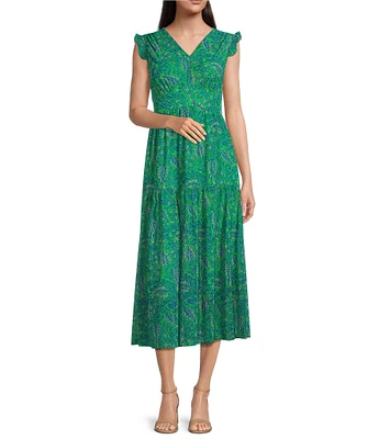 Calessa Mesh Knit Vintage Leaf Print Plunge V-Neck Cap Sleeve Fit & Flare Dress