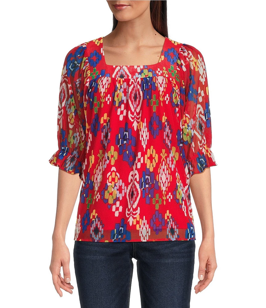 Calessa Mesh Knit Printed Square Neck Elbow Sleeve Tunic