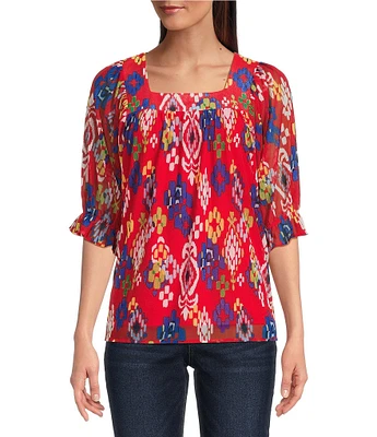 Calessa Mesh Knit Printed Square Neck Elbow Sleeve Tunic