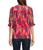 Calessa Mesh Knit Printed Square Neck Elbow Sleeve Tunic