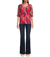 Calessa Mesh Knit Printed Square Neck Elbow Sleeve Tunic