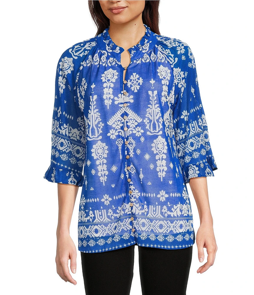 Calessa Mesh Knit Split V-Neck 3/4 Sleeve Border Henna Print Tunic