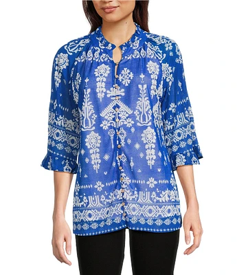 Calessa Mesh Knit Split V-Neck 3/4 Sleeve Border Henna Print Tunic