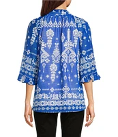 Calessa Mesh Knit Split V-Neck 3/4 Sleeve Border Henna Print Tunic