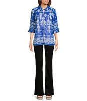 Calessa Mesh Knit Split V-Neck 3/4 Sleeve Border Henna Print Tunic