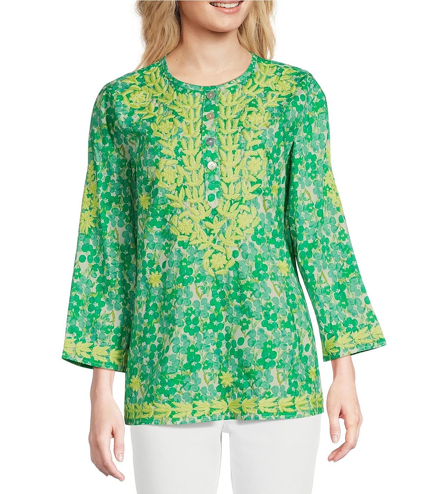 Calessa Mini Floral Embroidered Round Neck Wrist Length Sleeve Tunic