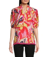 Calessa Modern Abstract Print Ruffled Split V-Neck Short Sleeve Tunic