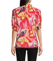 Calessa Modern Abstract Print Ruffled Split V-Neck Short Sleeve Tunic