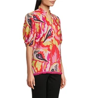Calessa Modern Abstract Print Ruffled Split V-Neck Short Sleeve Tunic