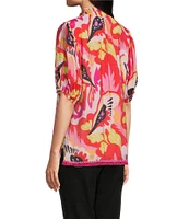 Calessa Modern Abstract Print Ruffled Split V-Neck Short Sleeve Tunic