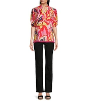 Calessa Modern Abstract Print Ruffled Split V-Neck Short Sleeve Tunic