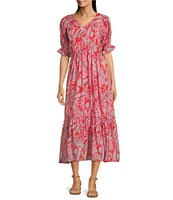 Calessa Modern Paisley V-Neck Elbow Sleeve A-Line Tiered Midi Dress