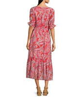 Calessa Modern Paisley V-Neck Elbow Sleeve A-Line Tiered Midi Dress