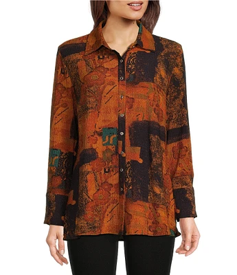 Calessa Mosaic Textured Collared Long Sleeve Button Down Top