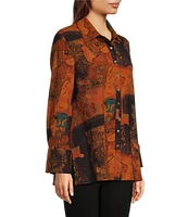 Calessa Mosaic Textured Collared Long Sleeve Button Down Top