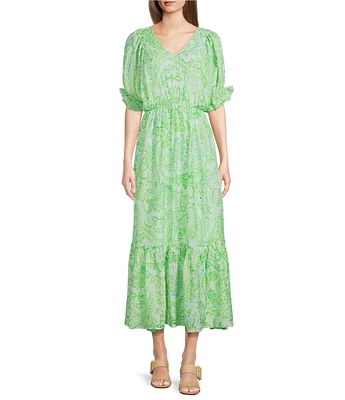 Calessa Paisley Print V-Neck Elbow Sleeve Tiered Midi Dress