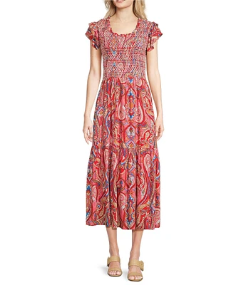 Calessa Paisley Scoop Neck Short Ruffle Sleeve Ruffle Dress