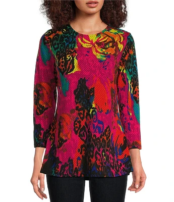 Calessa Patchwork Animal Print Crew Neck 3/4 Sleeve Tunic