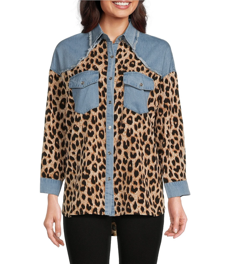 Calessa Denim Trimmed Cheetah Printed Collared Neckline 3/4 Sleeve Top