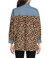 Calessa Denim Trimmed Cheetah Printed Collared Neckline 3/4 Sleeve Top