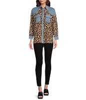 Calessa Denim Trimmed Cheetah Printed Collared Neckline 3/4 Sleeve Top