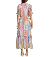 Calessa Patchwork Mosaic Print V-Neck Short Sleeve Tiered Dress