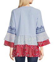 Calessa Patchwork Print Embroidered Split Round Neck 3/4 Tiered Ruffle Sleeve Tunic